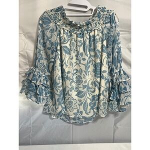 CeCe Blue White Floral Off Shoulder Smocked Blouse Tiered Ruffle Sleeve Small